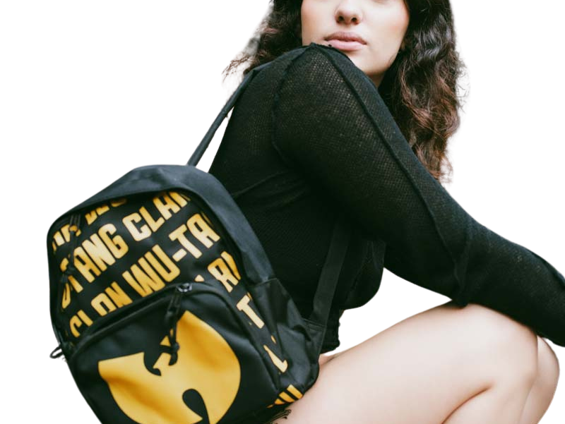 A young woman with a Rocksax Wu-Tang Clan backpack slung over her shoulder.