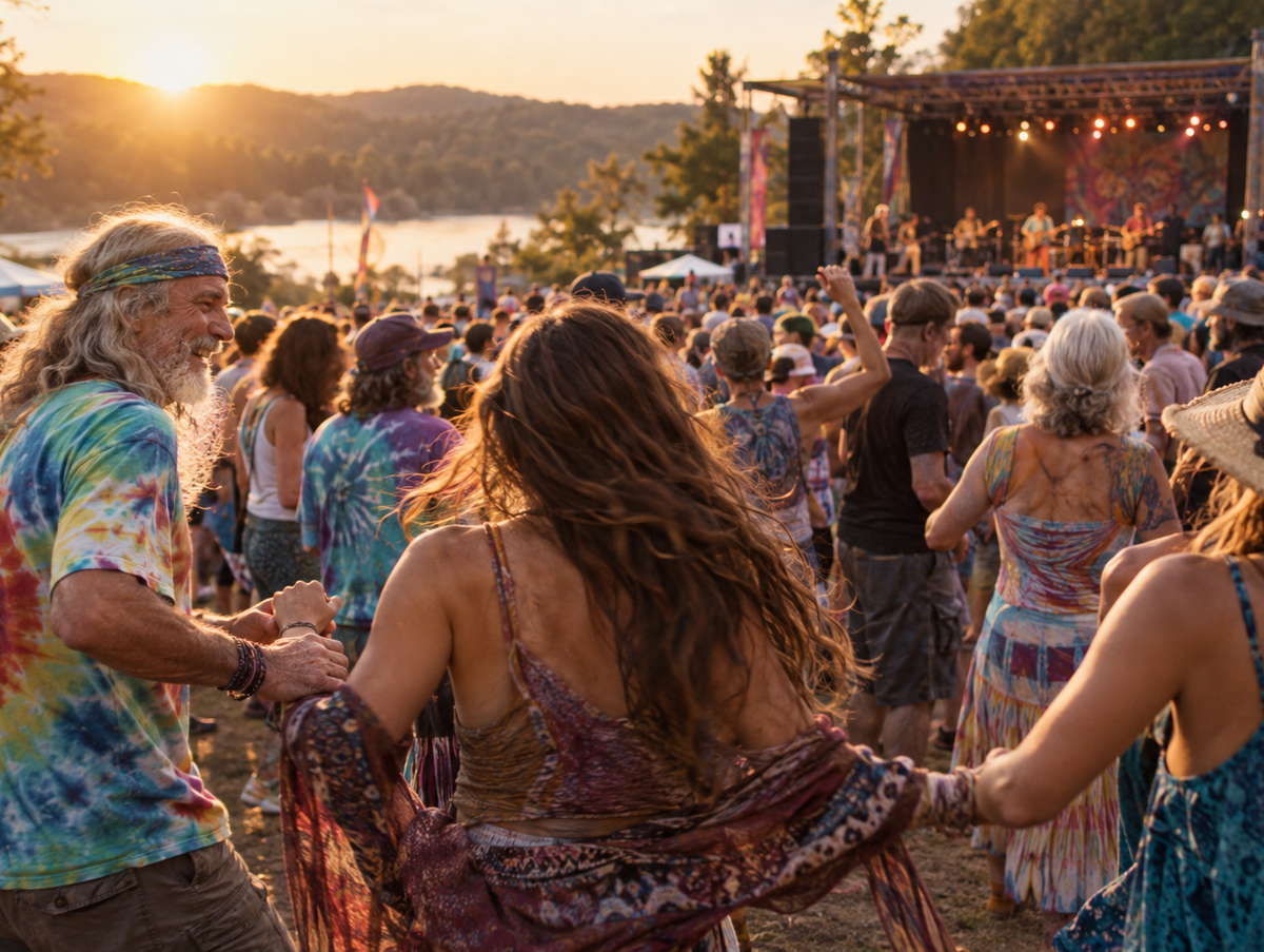 Multigenerational fans at an outdoor jam band concert