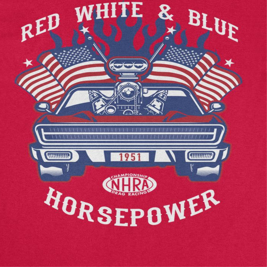 NHRA Red White and Blue Horsepower Blue Heat Red T-Shirt