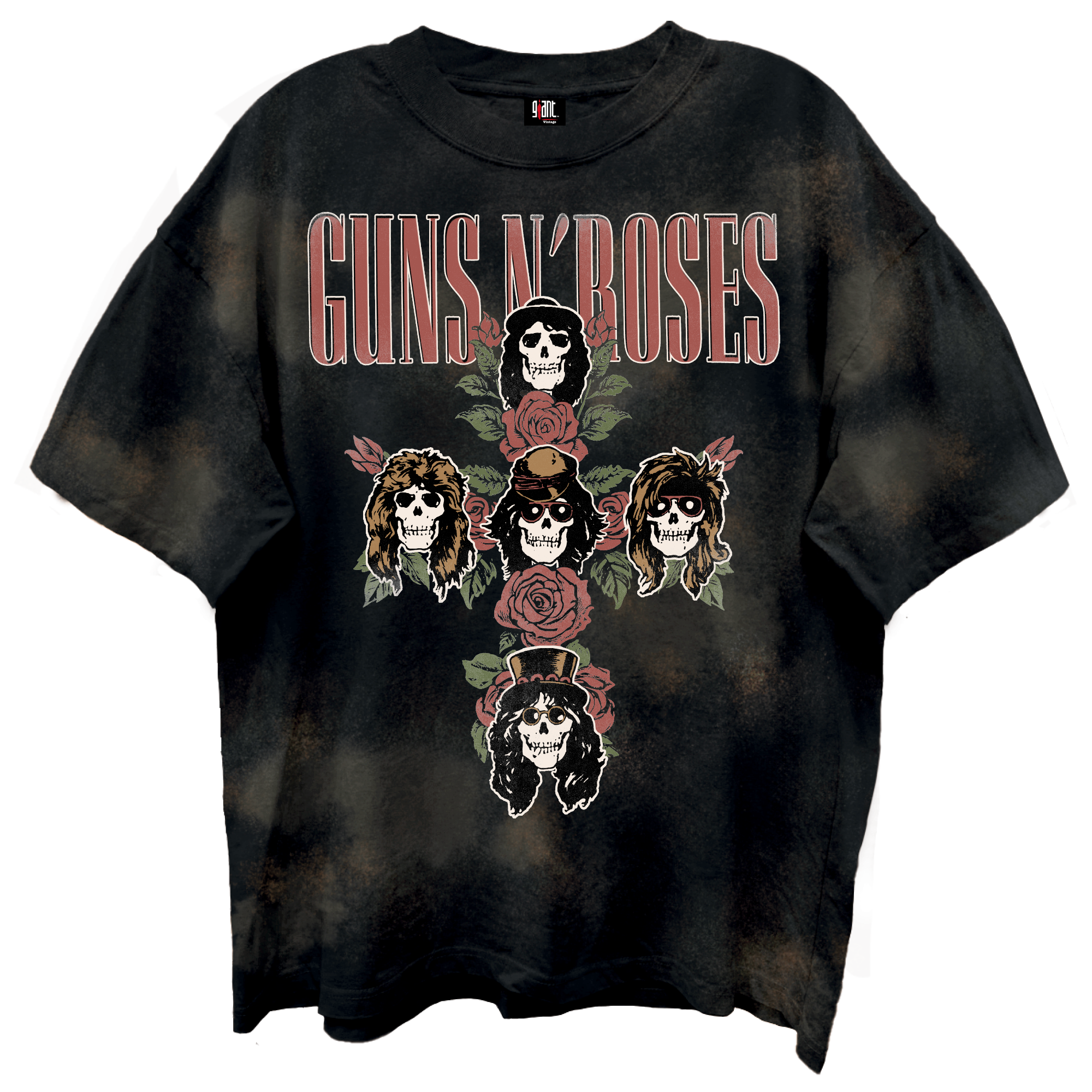 Giant Vintage Guns n Roses Rose Cross Limo Black Bleach Washed T-Shirt