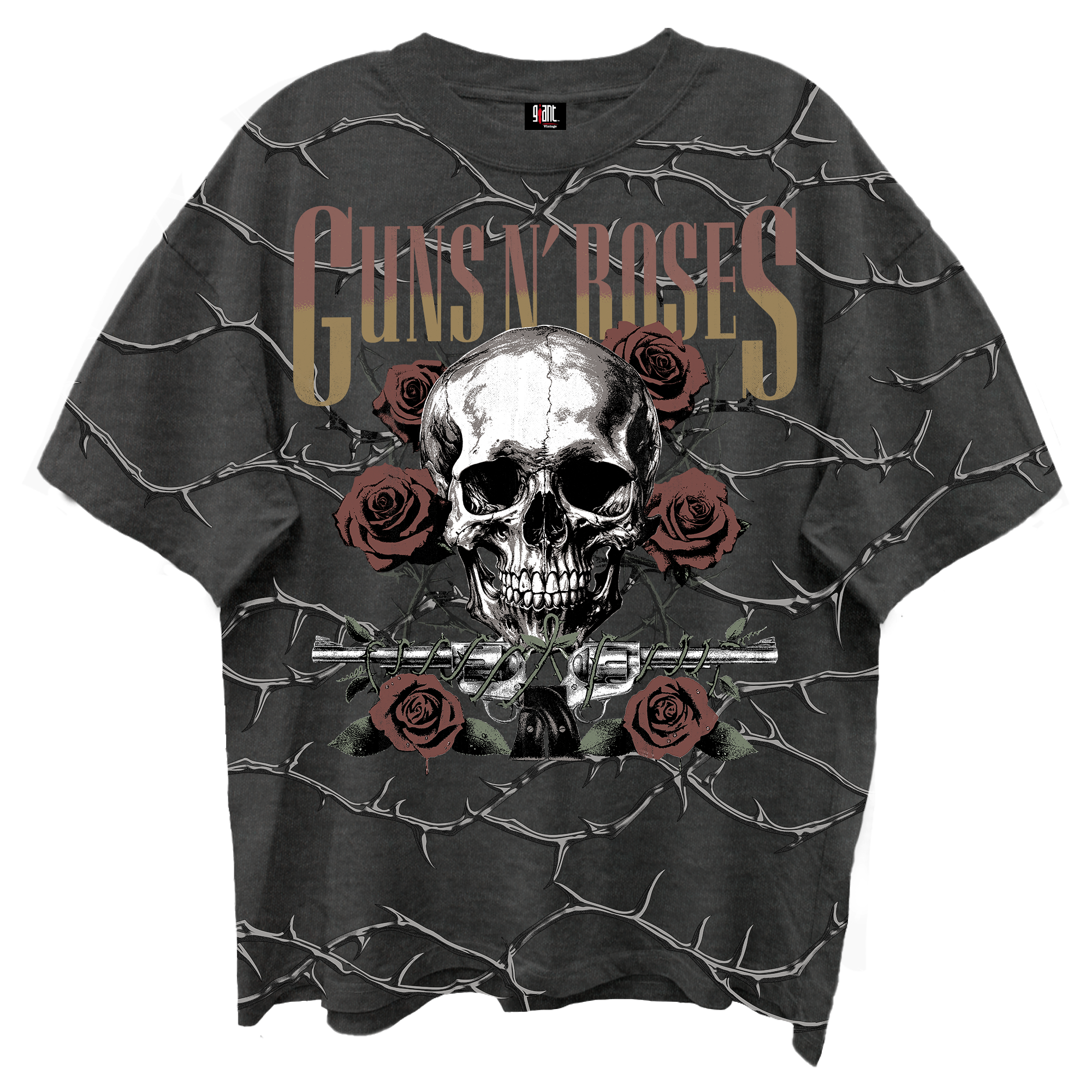 Giant Vintage Guns n Roses Skull Roses 2-Sided Print Vintage Black Enzyme Washed T-Shirt