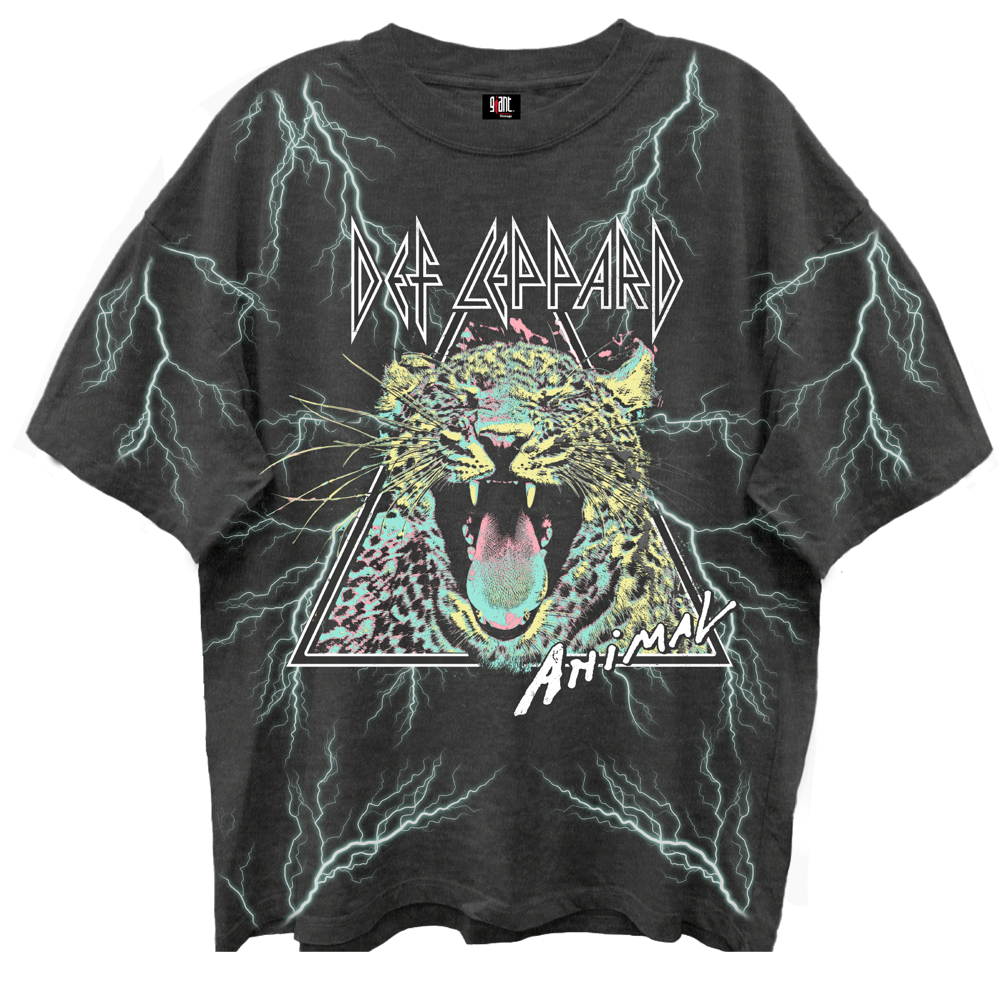 Giant Vintage Def Leppard Animal All Over Print Vintage Black Enzyme Washed T-Shirt