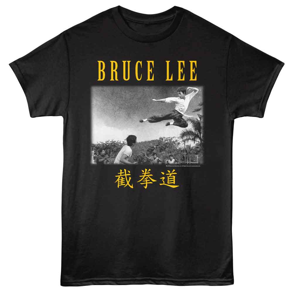 Bruce Lee Flying Kick Landscape Black T-Shirt