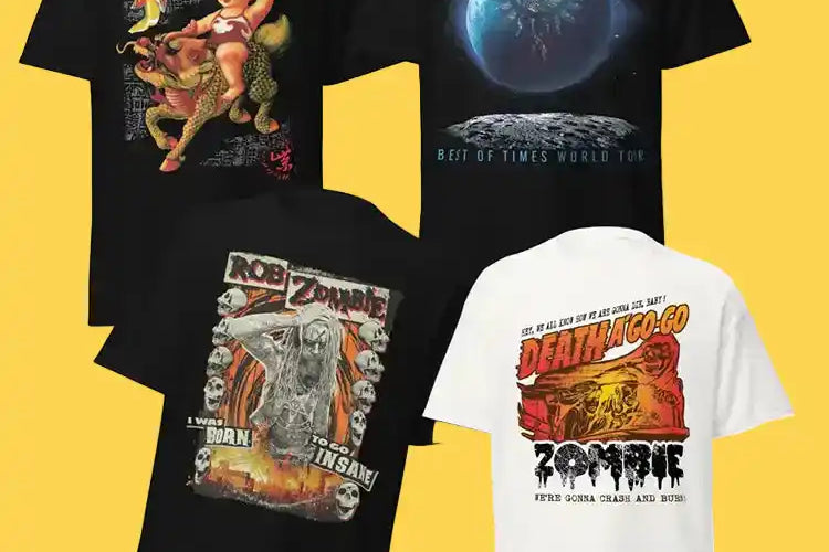 Four band t-shirts on a yellow background