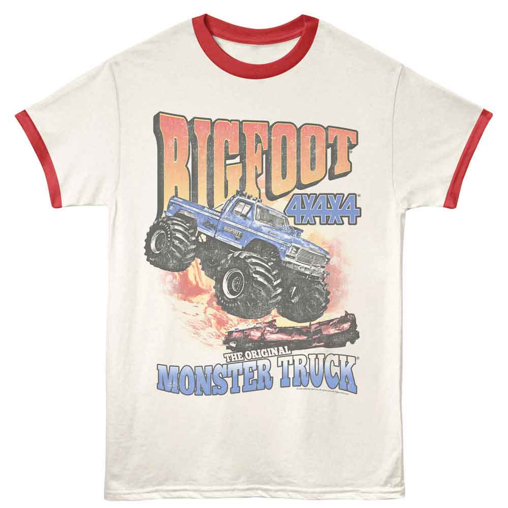 Bigfoot OG Monster Truck Vintage White Rio Red Ringer T-Shirt