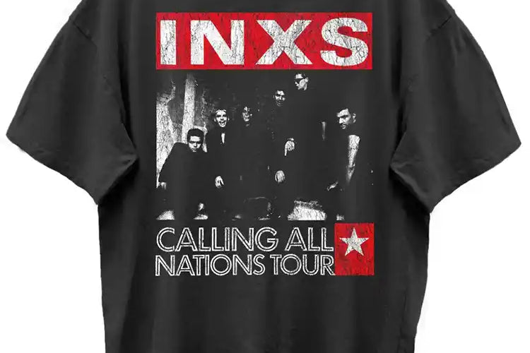 Black t-shirt with INXS graphic and 'Calling All Nations Tour' text on a white background