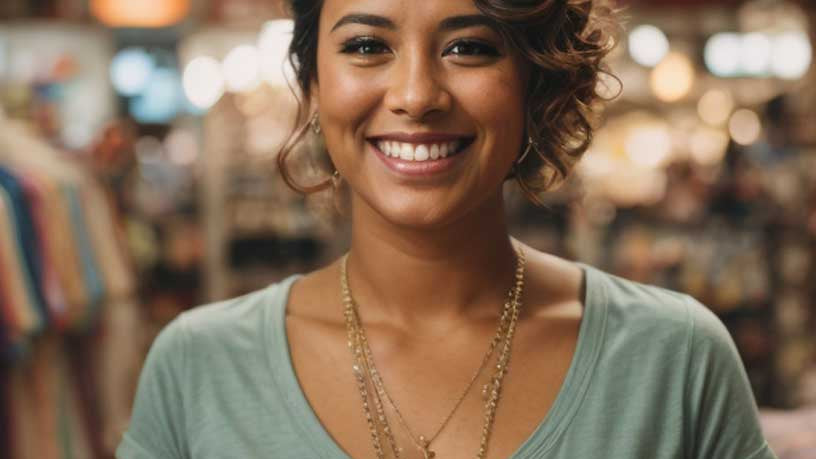 An AI generated photo of a happy fashion boutique store owner that just discovered MerchShowroom.com for her wholesale sourcing needs.