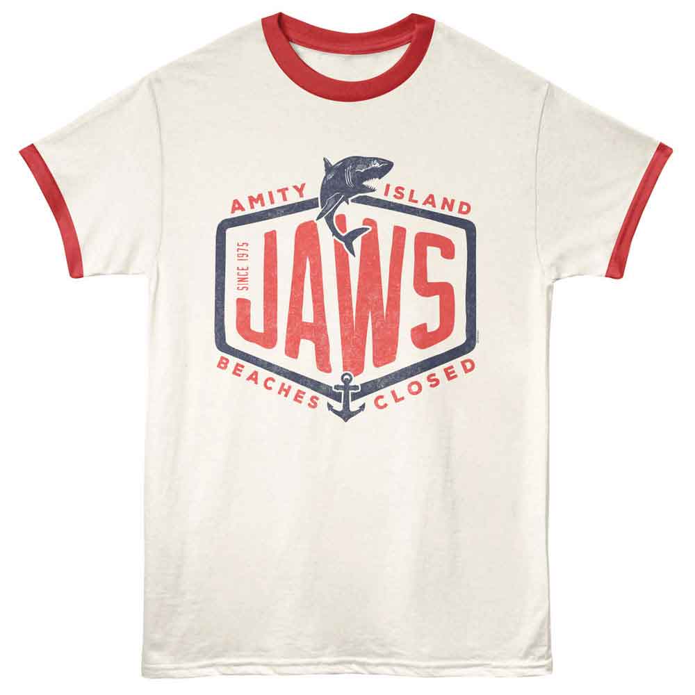 Jaws Text Based Vintage White Rio Red Ringer T-Shirt