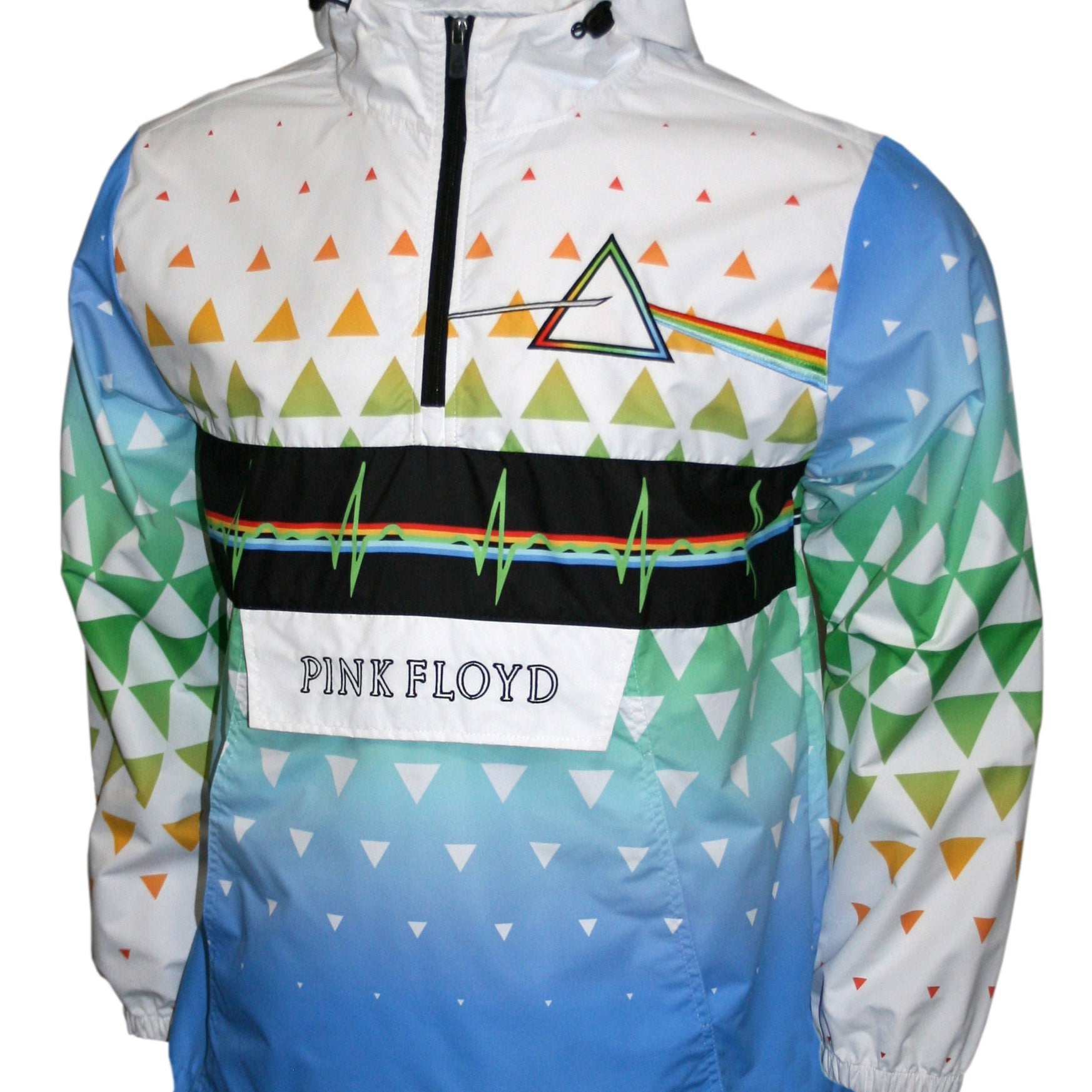 Colorful jacket with geometric pattern and Pink Floyd logo on a white background