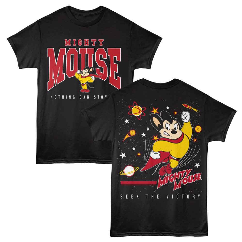 Mighty Mouse Space Front and Back Print Black T-Shirt