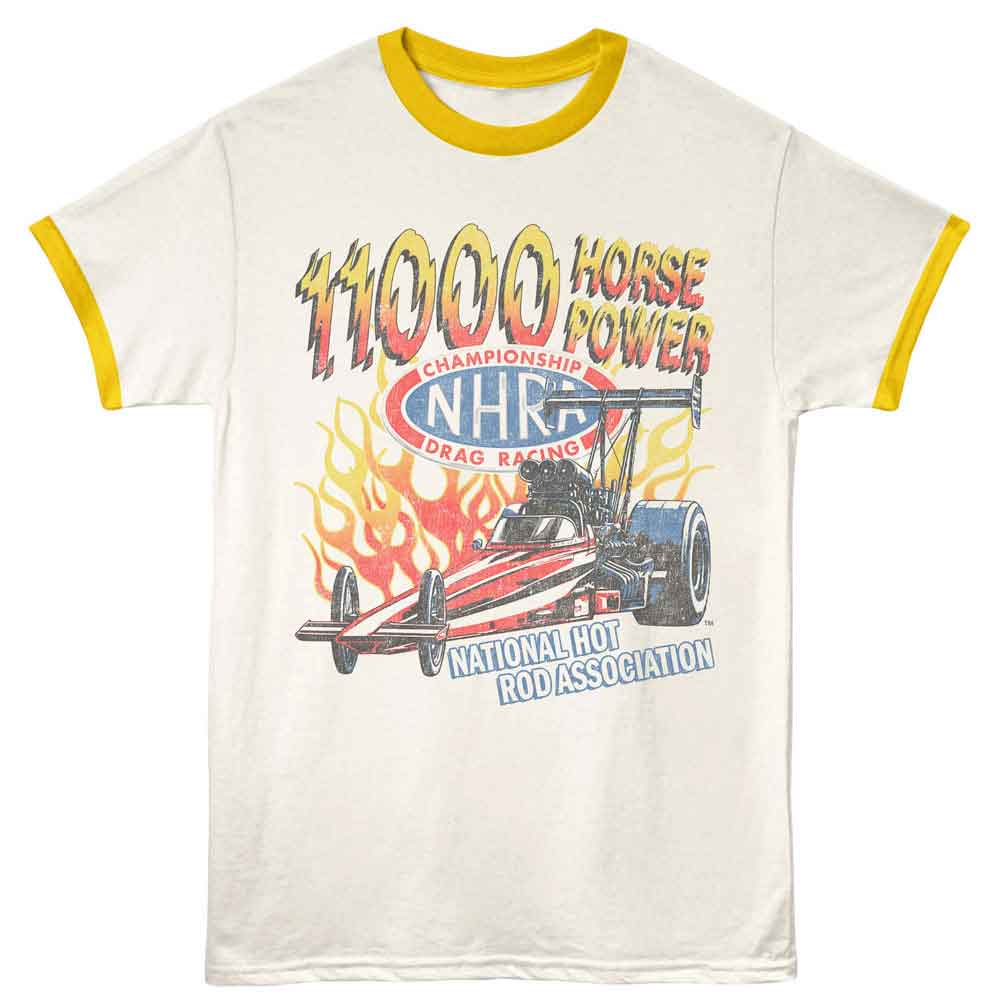 NHRA 11K Horsepower Vintage White Mellow Yellow Ringer T-Shirt