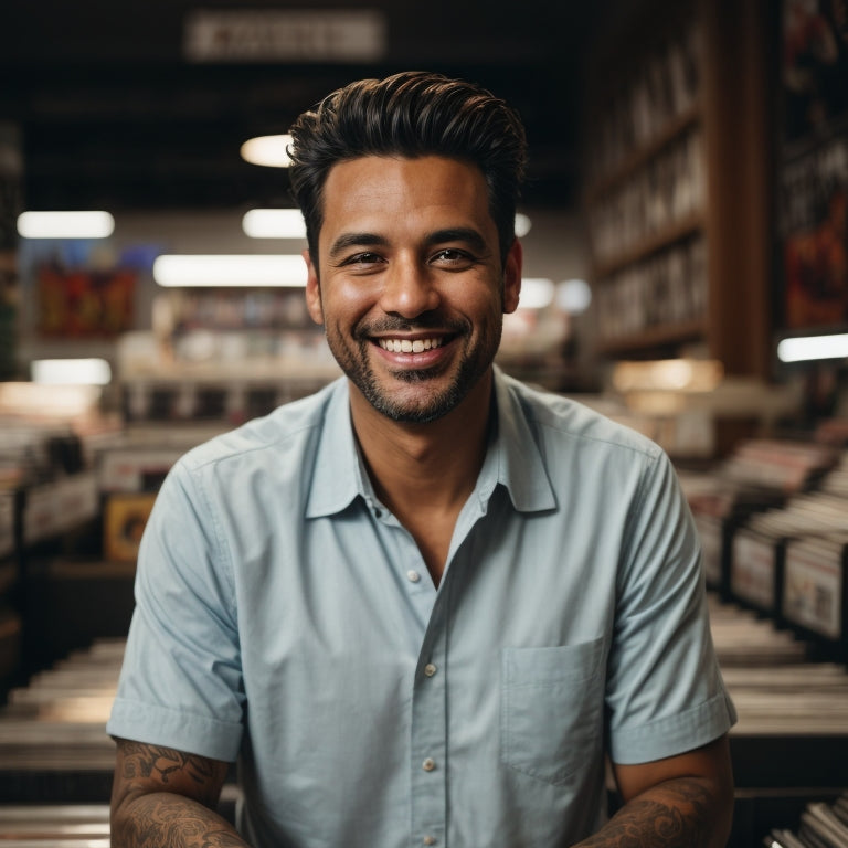 A smiling record store owner