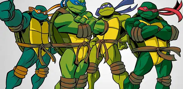 Four cartoon turtles with colored masks on a white background