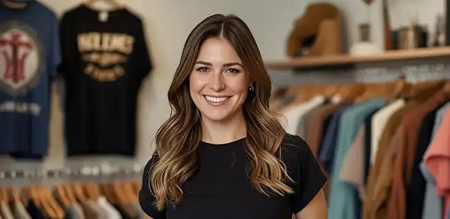 Woman standing in a clothing store with racks of clothes in the background