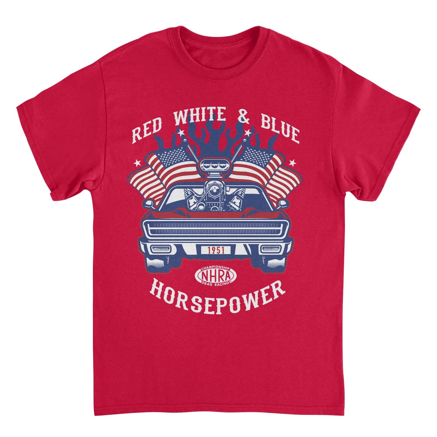 NHRA Red White and Blue Horsepower Blue Heat Red T-Shirt