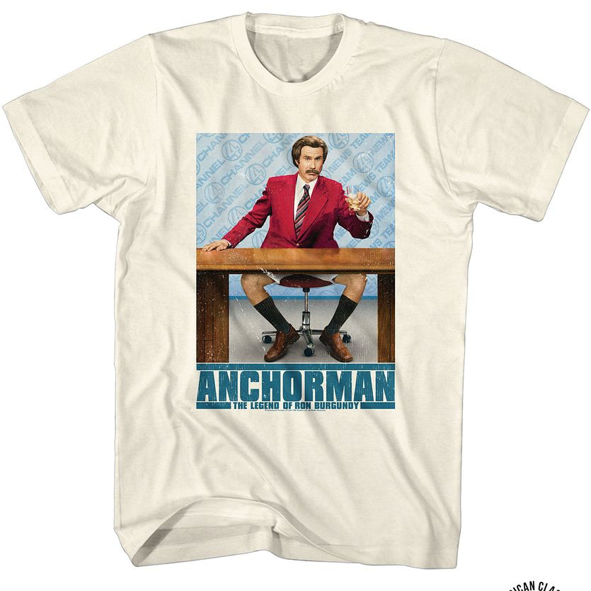 Wholesale Anchorman Movie Ron at Desk w/ Logo Solid Natural Adult T-Shirt