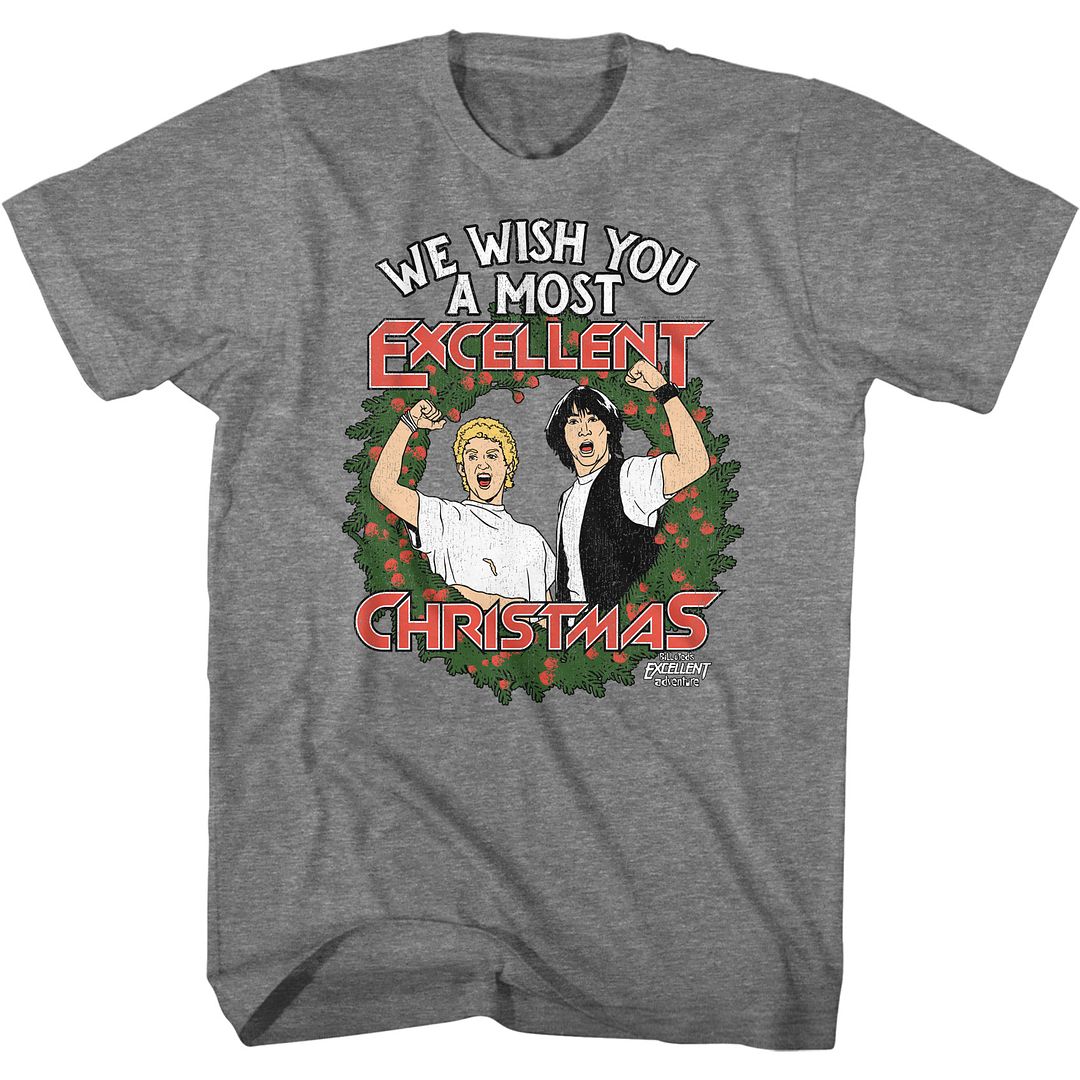 Wholesale Bill and Ted Excellent Christmas Heather Graphite Adult T-Shirt