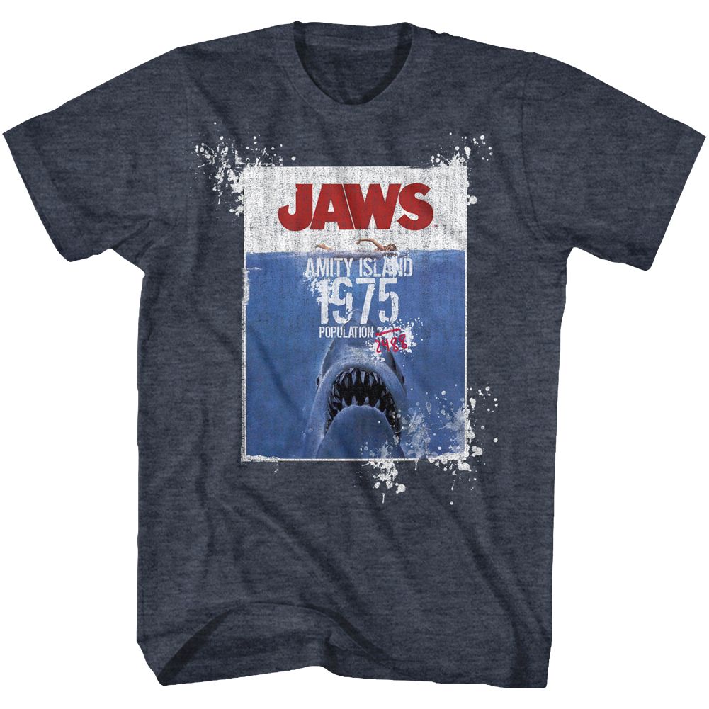 Wholesale JAWS Movie Population Heather Navy Adult T-Shirt