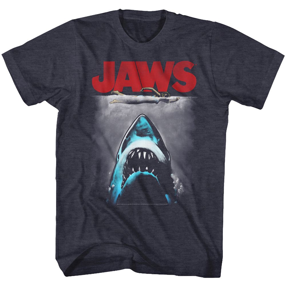 Wholesale JAWS Movie Red Logo Heather Navy Adult T-Shirt