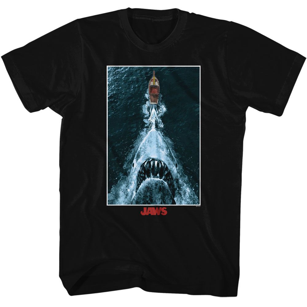 Wholesale JAWS Movie Shark Chasing Boat Poster Black Adult T-Shirt