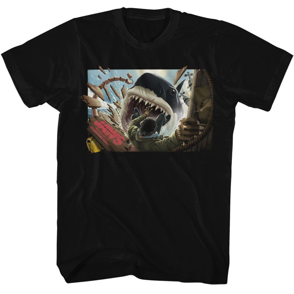 Wholesale JAWS Movie Man Falling in Shark Mouth Black Adult T-Shirt