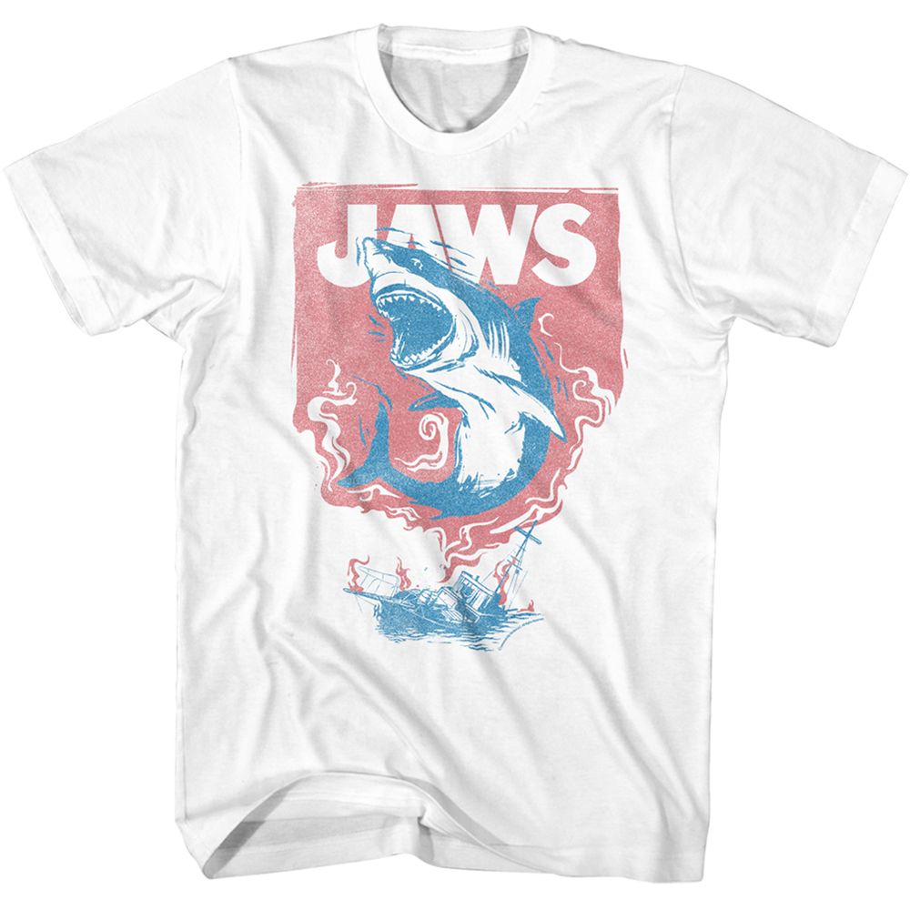 Wholesale JAWS Movie Shark and Boat Fire White Adult T-Shirt