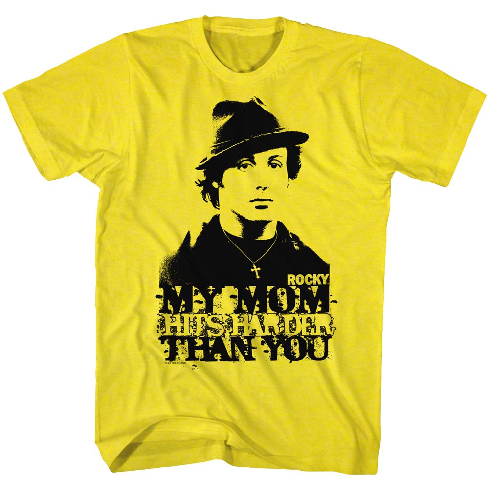 Wholesale Rocky Movie My Mom Hits Harder Solid Yellow Adult T-Shirt
