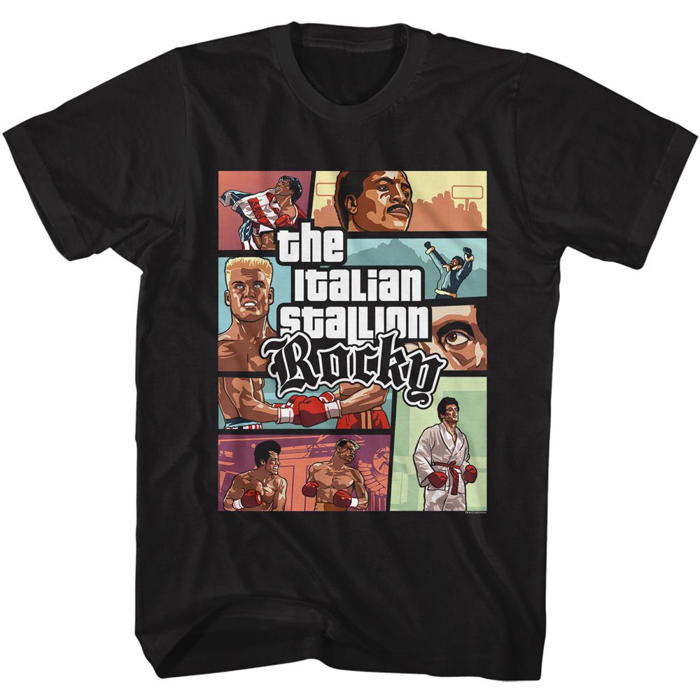 Wholesale Rocky Movie Scene Panels Black Adult T-Shirt
