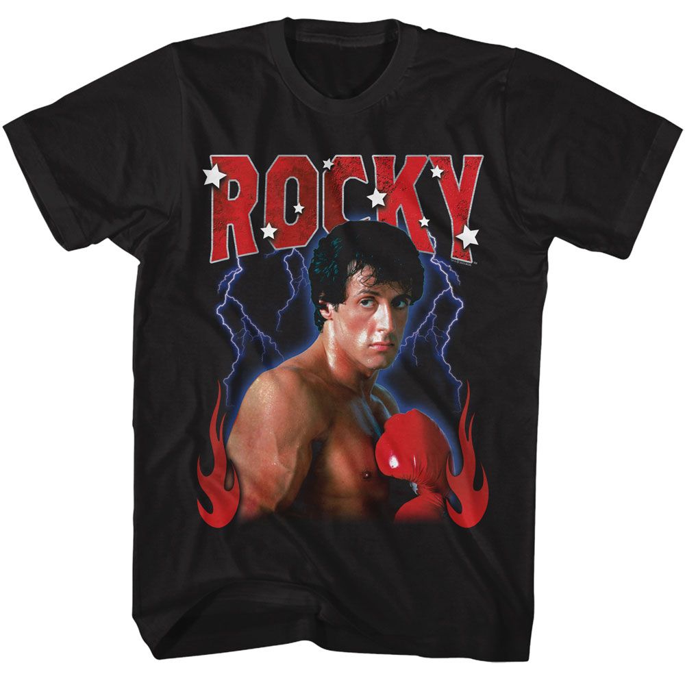 Wholesale Rocky Movie Lightning Flames Black Adult T-Shirt