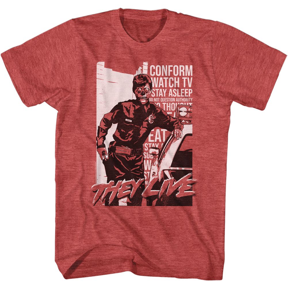 Wholesale They Live Movie Cop and Car Heather Red Adult T-Shirt