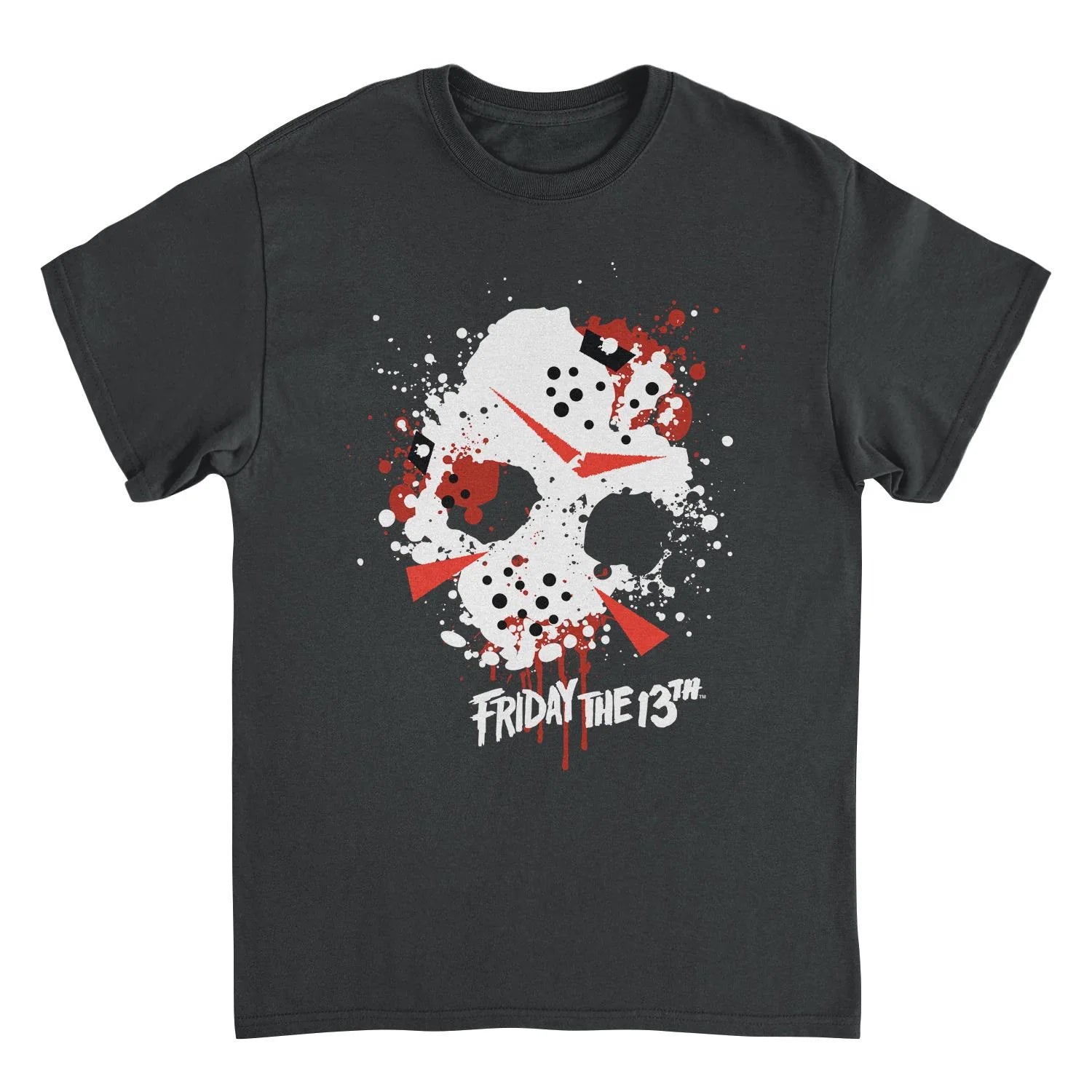 An image of a black Friday the 13th movie t-shirt showing a splattered paint version of Jason's mask from the Friday the 13th movie.   The logo from the movie is below the mask.