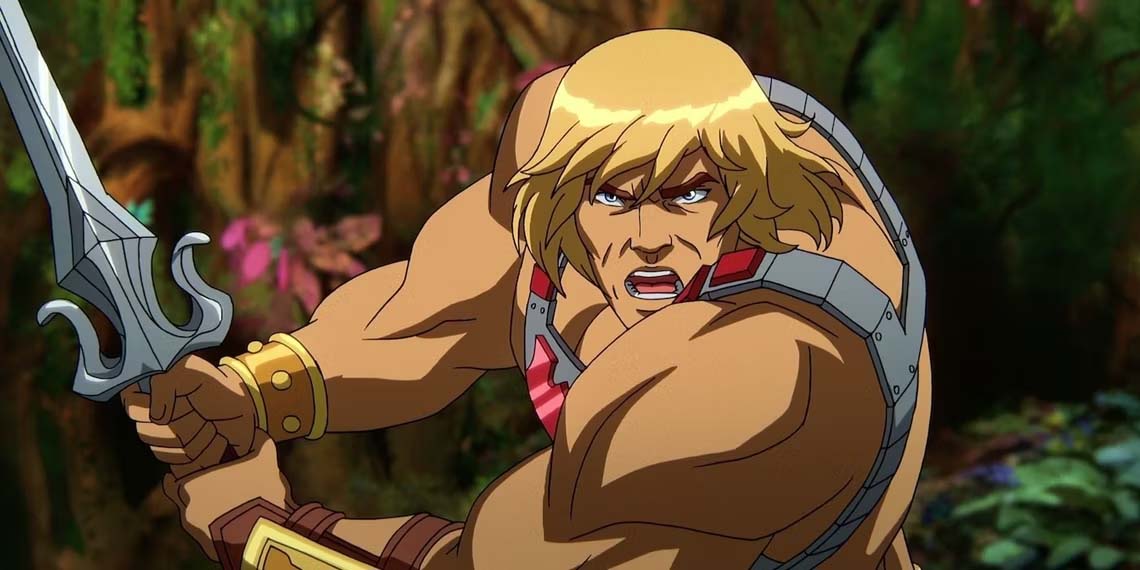 He Man wields a sword as he stares intensely toward the camera