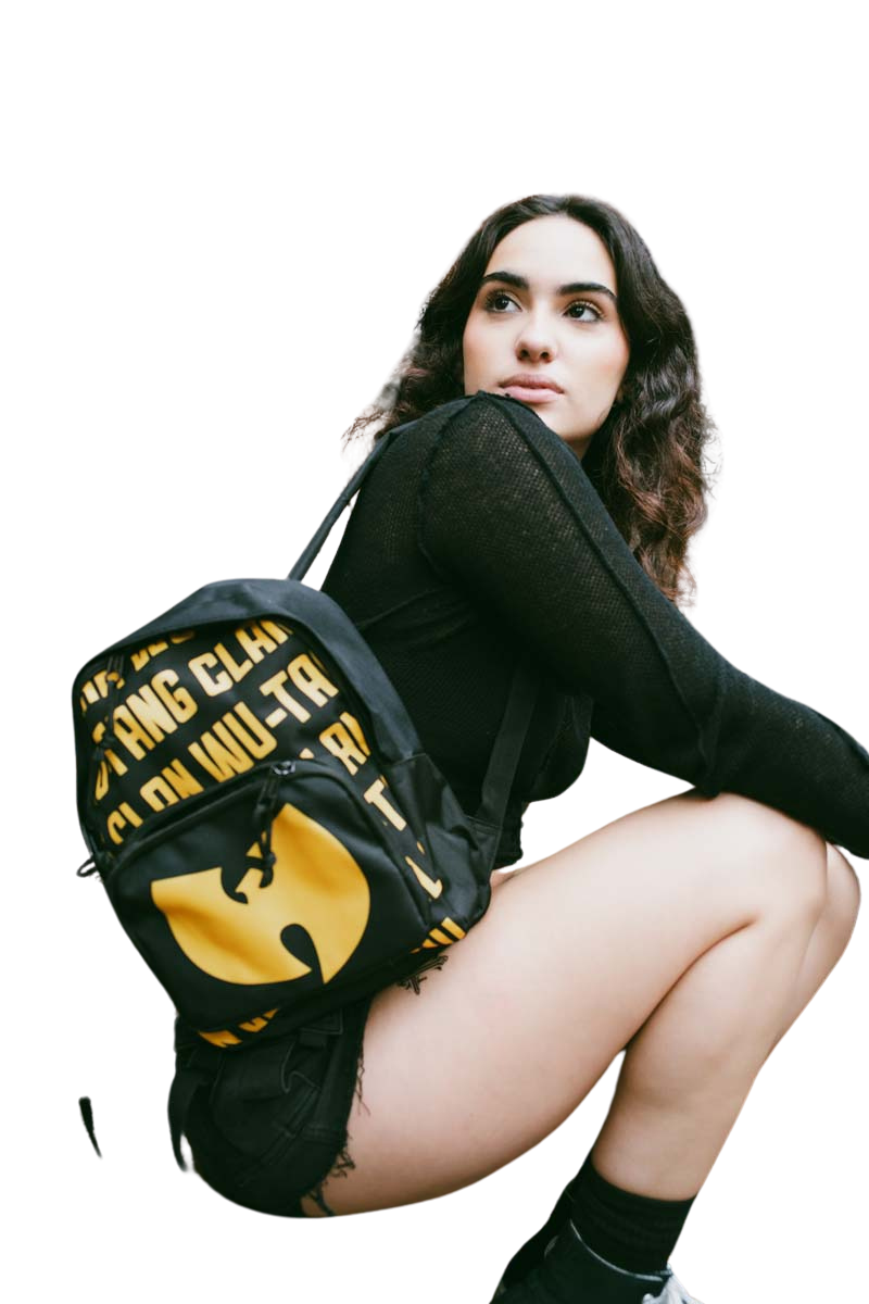 A young woman with a Rocksax Wu-Tang Clan backpack slung over her shoulder.