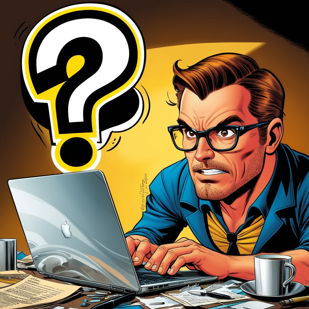 A cartoon-style image of a man wearing glasses with a frustrated look on his face while he looks at his laptop.   A large question mark is above him.
