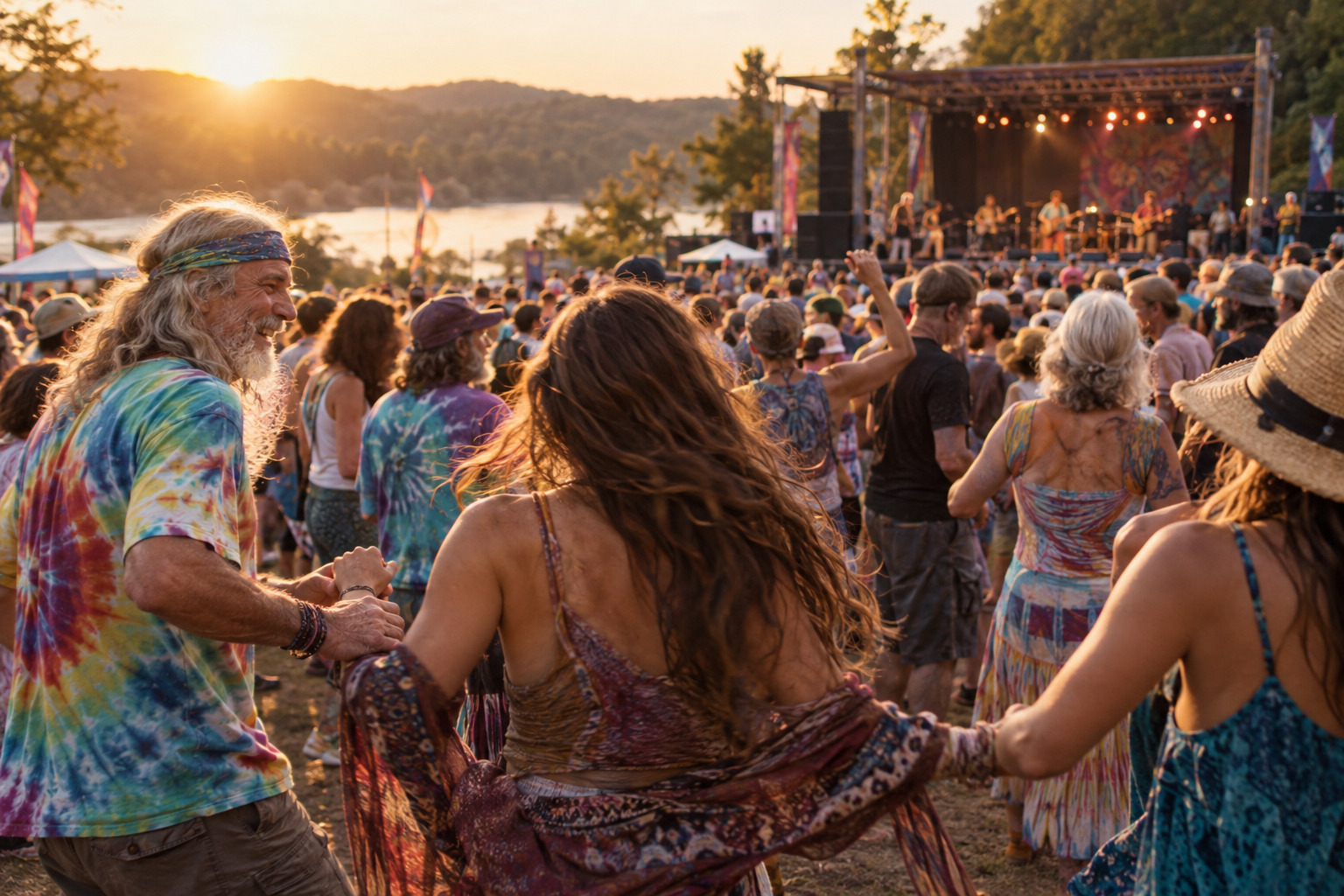 Multigenerational fans at an outdoor jam band concert