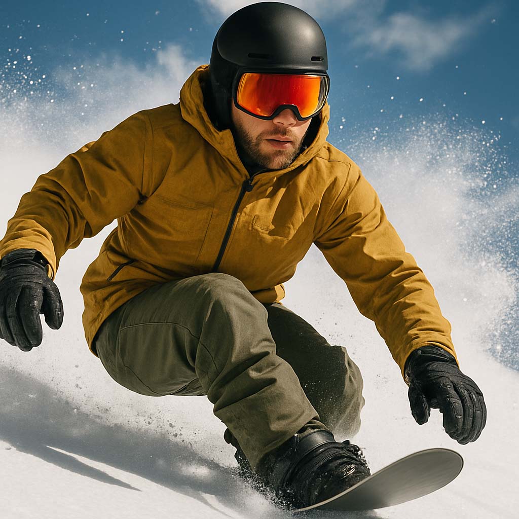 A man snowboards down a snowy mountain