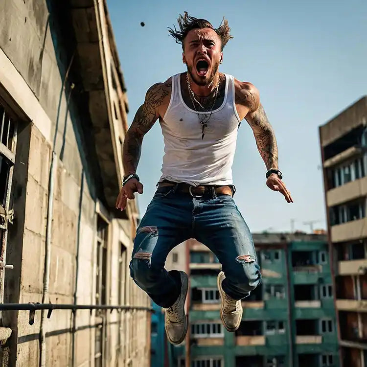 Man in a white tank top and jeans jumping in an urban setting with buildings in the background