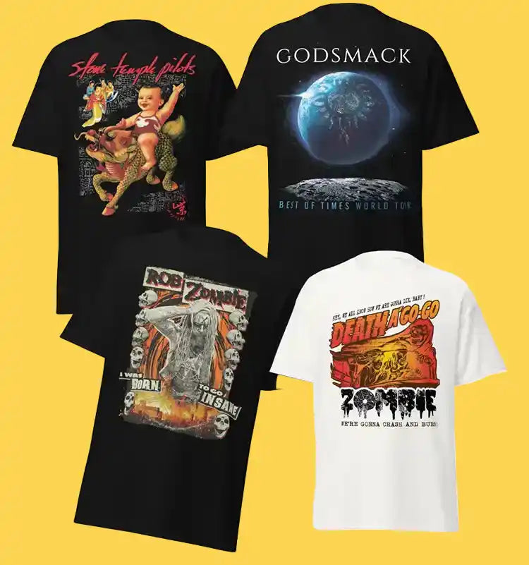 Four band t-shirts on a yellow background