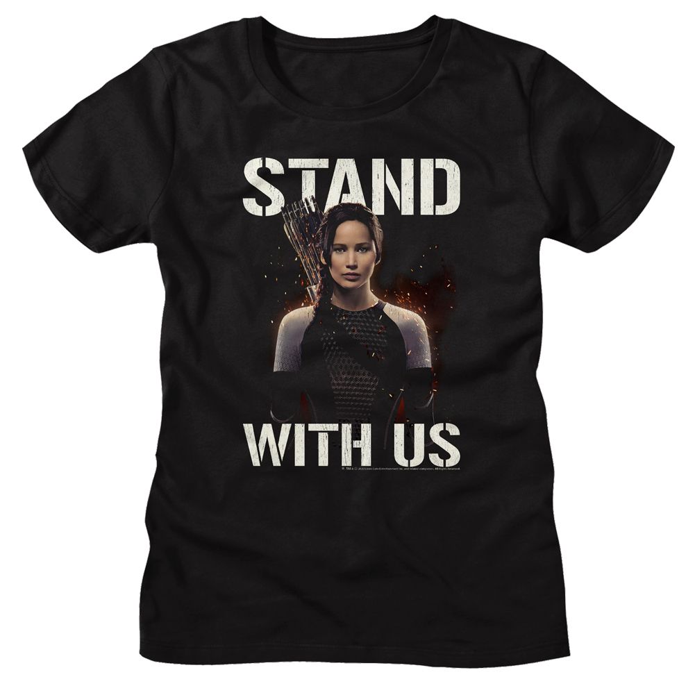 Hunger Games Hunger Games Stand With Us Katniss Black Women's T-Shirt