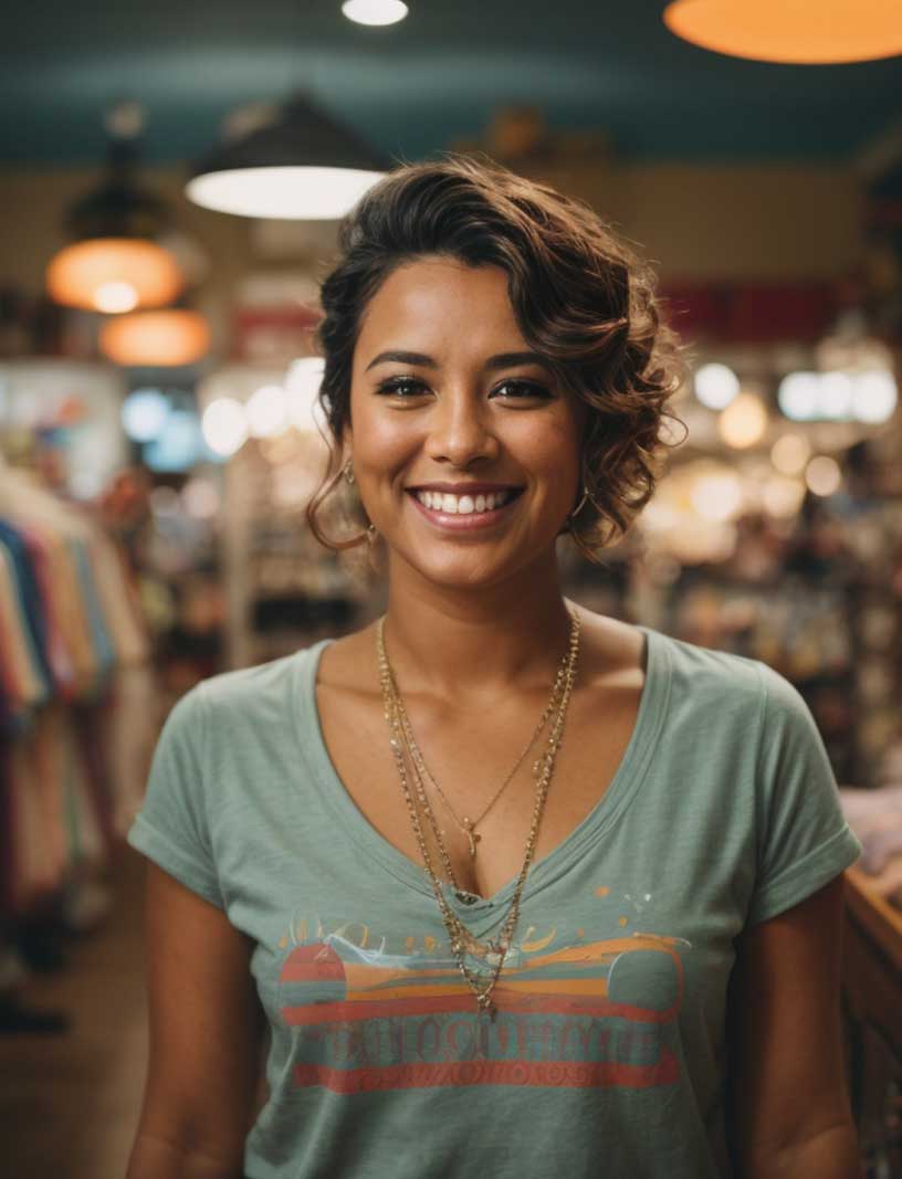 An AI generated photo of a happy fashion boutique store owner that just discovered MerchShowroom.com for her wholesale sourcing needs. 