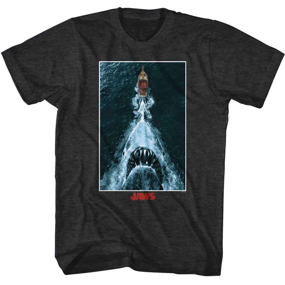 Jaws Shark Chasing Boat Poster Black Heather T-Shirt