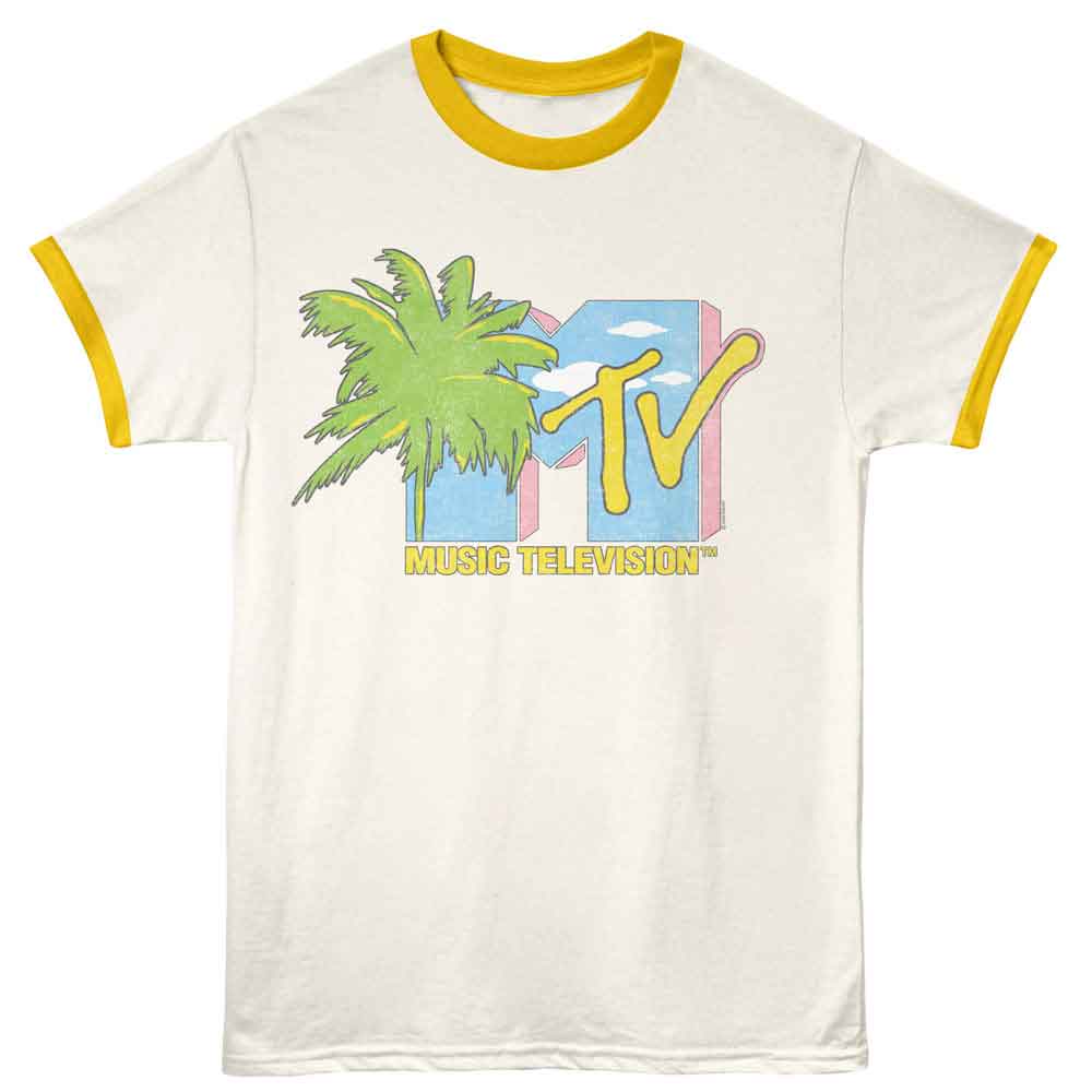 MTV Palm Tree Vintage White Mellow Yellow Ringer T-Shirt