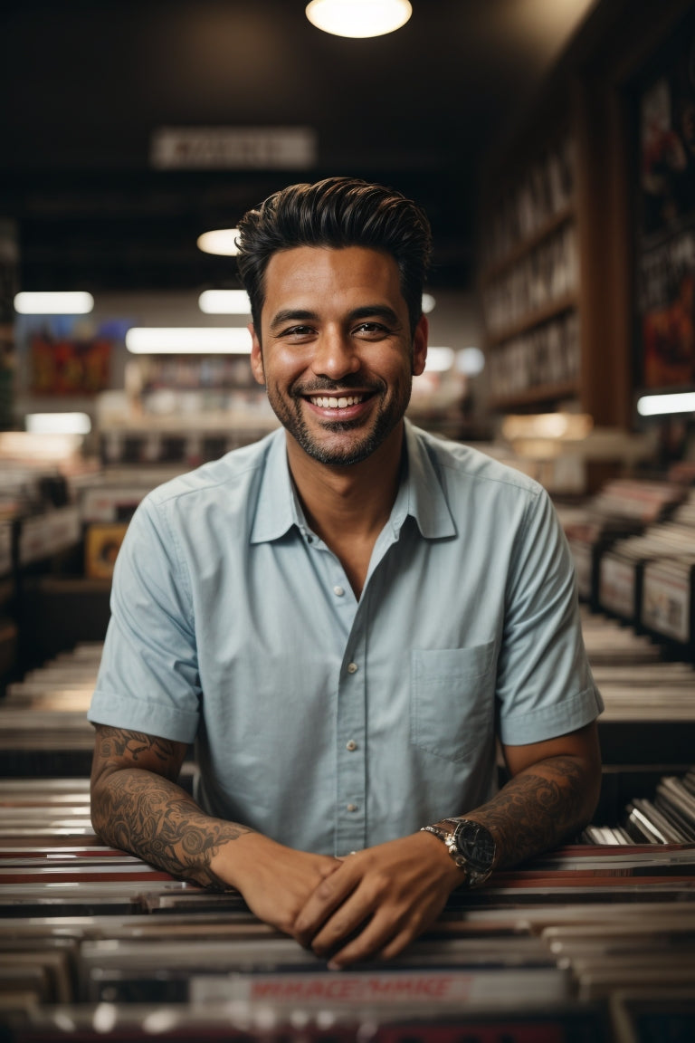 A smiling record store owner