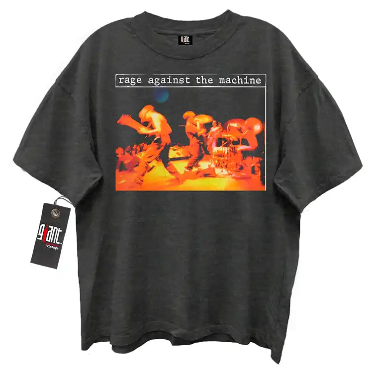 Black t-shirt with 'Rage Against the Machine' graphic design on a white background