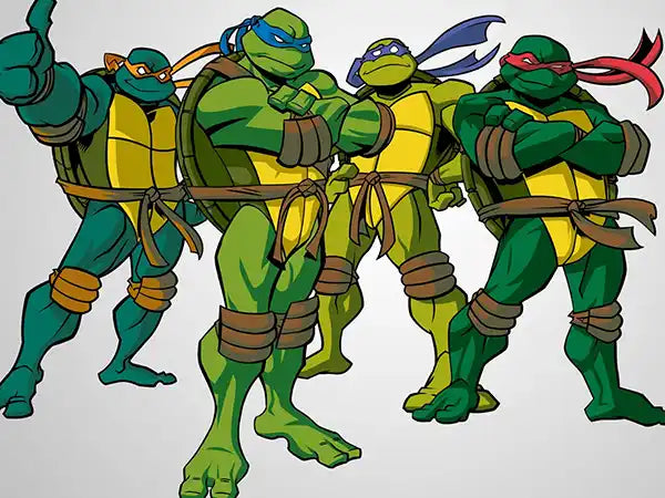 Four cartoon turtles with colored masks on a white background