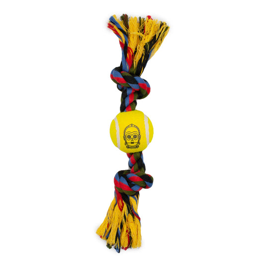 Dog Toy Tennis Ball Rope Toy - Star Wars C3-PO Face Yellow + Multi Color Rope