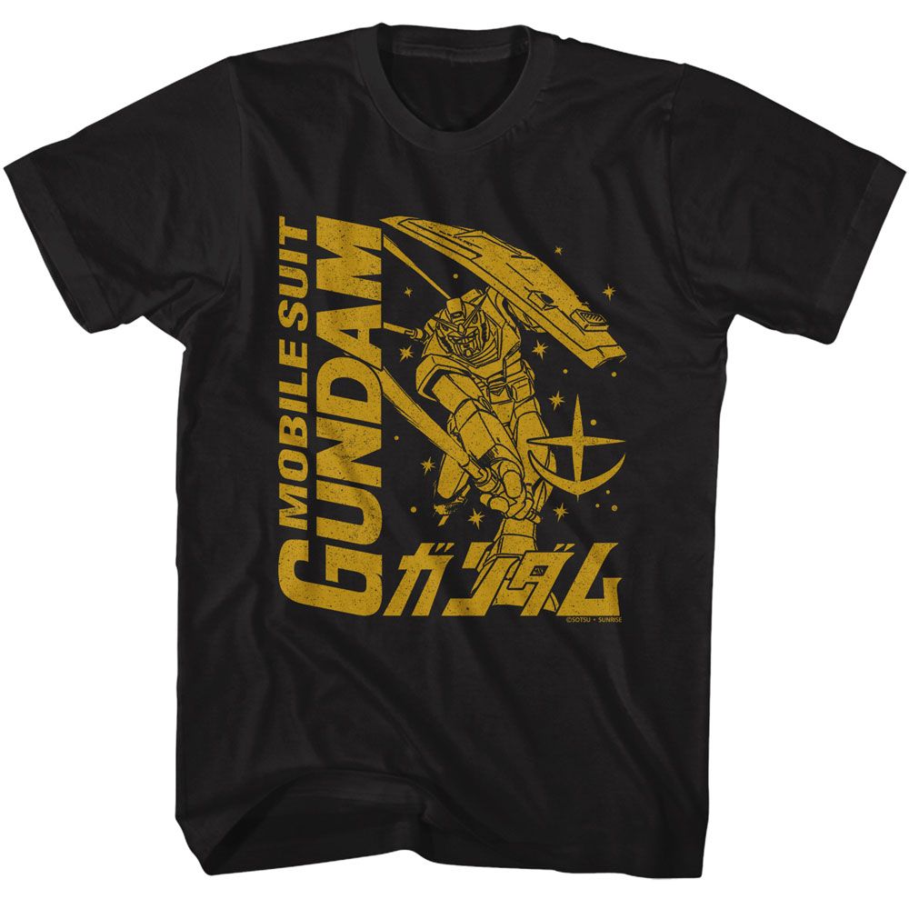 Wholesale Gundam Mobile Suit Gold Logo Mecha Mono Black T-Shirt