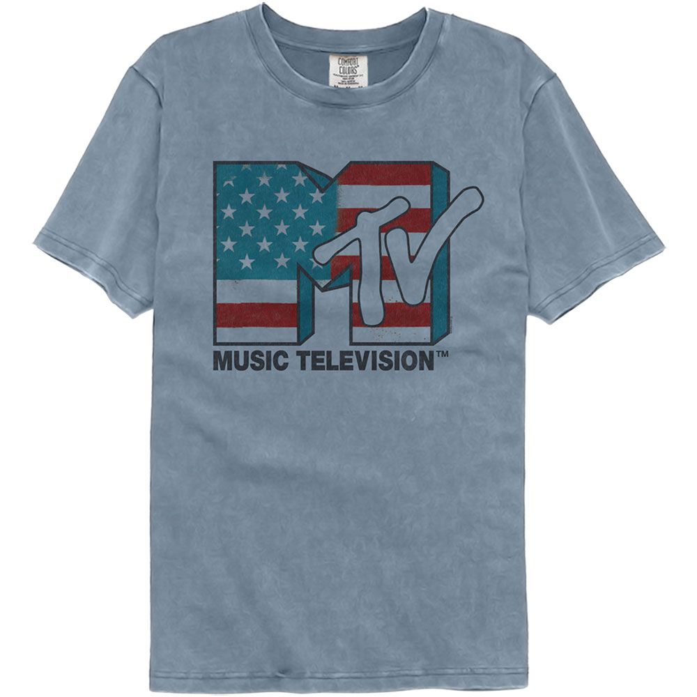 Wholesale MTV Stars and Stripes Logo Blue Premium Dye Fashion TV T-Shirt