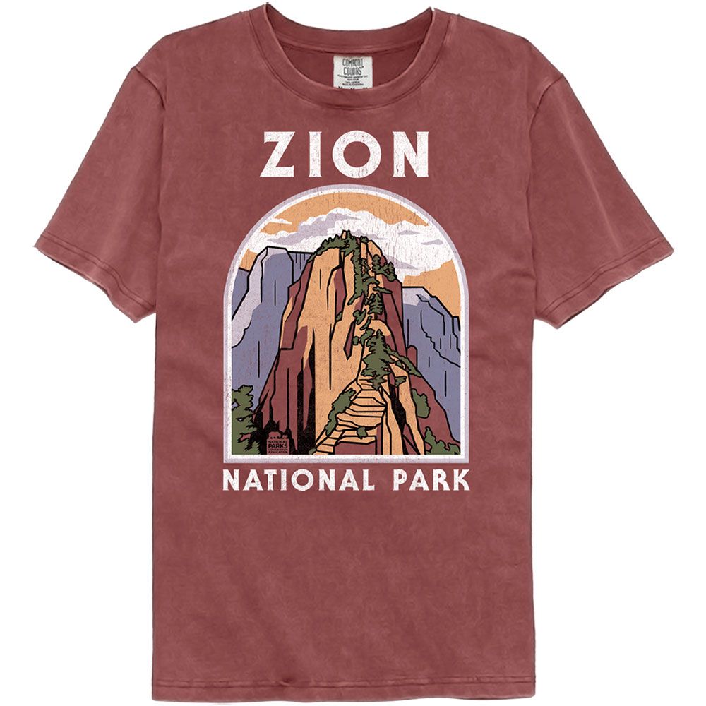 Wholesale Zion National Park Angels Landing Illustration Brick Red Premium Dye Fashion Tee