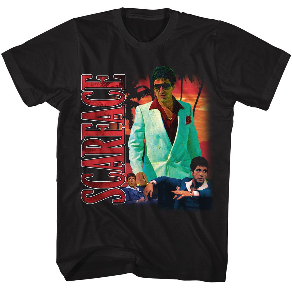Wholesale Scarface Movie Collage with Palm Tree Background Black Adult T-Shirt